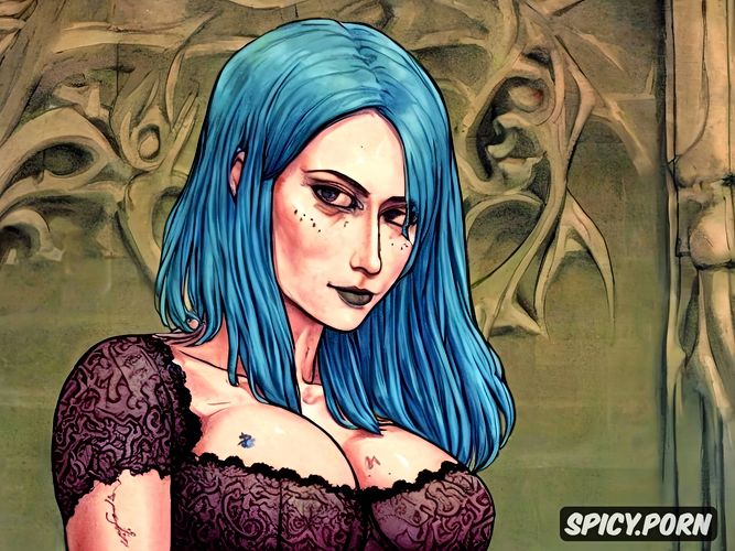 big boobs, tattoos, emo woman, blue hair, beatiful face, wearing lingerie