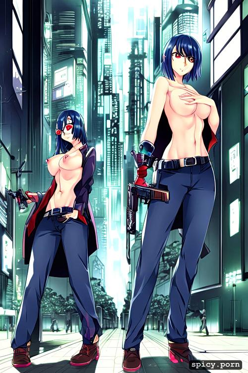 cyberpunk, dark hair, jeans, holding a gun, accurate anatomy