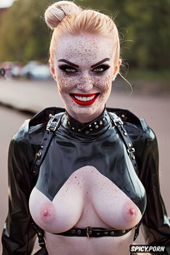 evil smile, skinny, makeup, hair in bun, angry, faint freckles