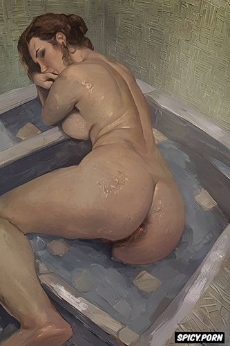 textured impasto oil paint, intimate tender lips, taking a bath