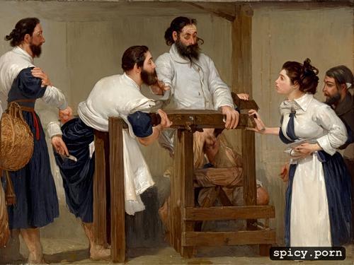 a man with a beard has his hands and head placed in the stockade behind him is a woman looking like a nurse sticking her finger up his anus