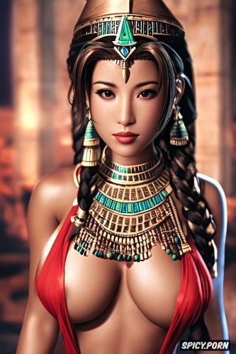 tits out, ultra realistic, aerith gainsborough final fantasy vii remake female pharaoh ancient egypt pharoah crown asian skin tone beautiful face topless