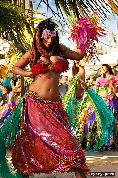 giant hanging boobs, flawless smiling face, intricate beautiful hula dancing costume