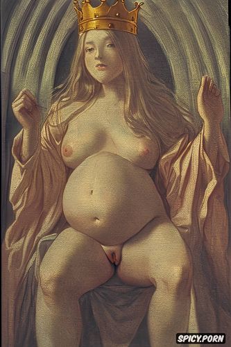 renaissance painting, pregnant, crown radiating, spreading legs shows pussy