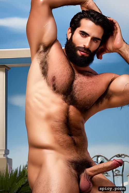 italian, hairy chest, showing hairy armpits, beard, arms up