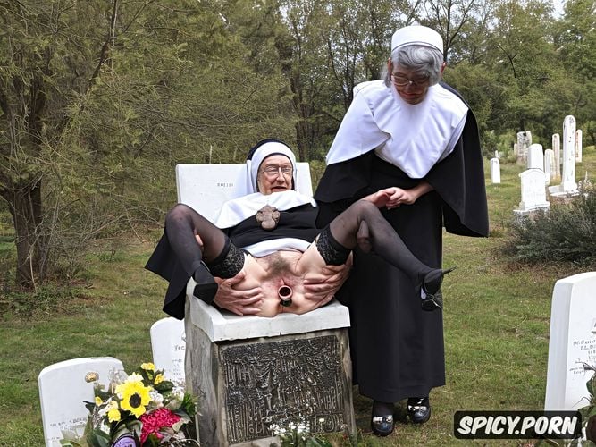 anal fucking, pale, cemetery, spreading legs, wearing a black habit