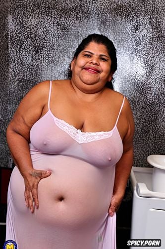 she smile, thick, a photo of a short ssbbw mexican granny standing up in the badroom