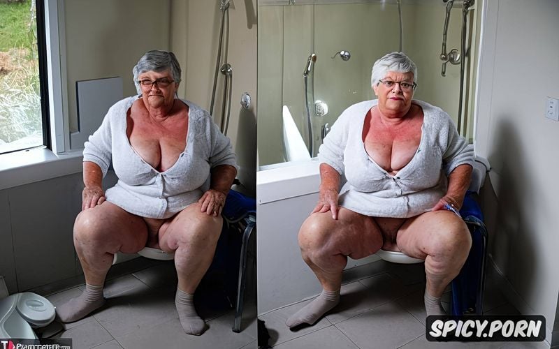 at the hospice, double chin wide spreading legs sitting on the toilet bowl