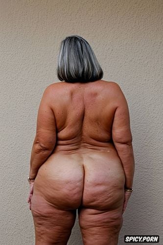 naked, seventy of age, vibrant colors, centered, standing and spreading ass