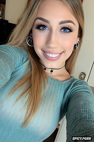 big saggy tits, choker, earrings, blonde balayage, real amateur selfie of a cute spanish teen girlfriend
