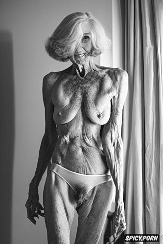 white pubic hair, standing, thin ninety year old woman, bedroom