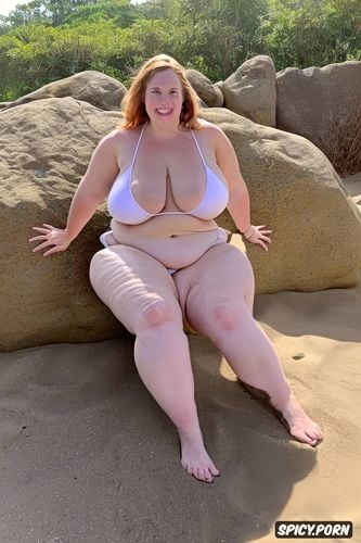 bright string bikini, detailed cute round face, happy white woman
