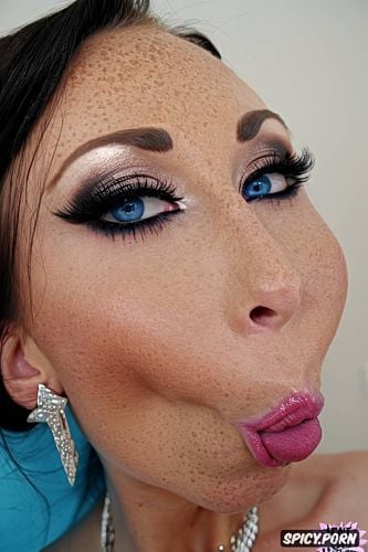 eye contact, black hair, huge botox lips, cute face, blue eyes