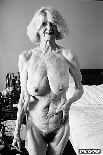 bedroom, thin ninety year old woman, white pubic hair, floppy sagging tits