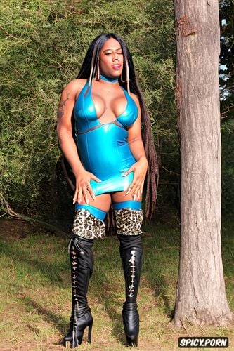 ebony busty tranny with long dreadlocks, staying latex dress and thigh high boots