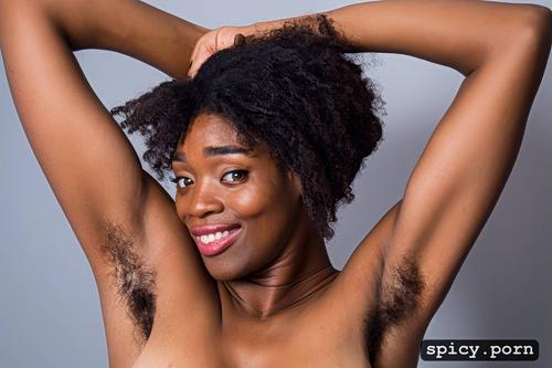 detailed hair, perfect face, showing her hairy armpits for all to see