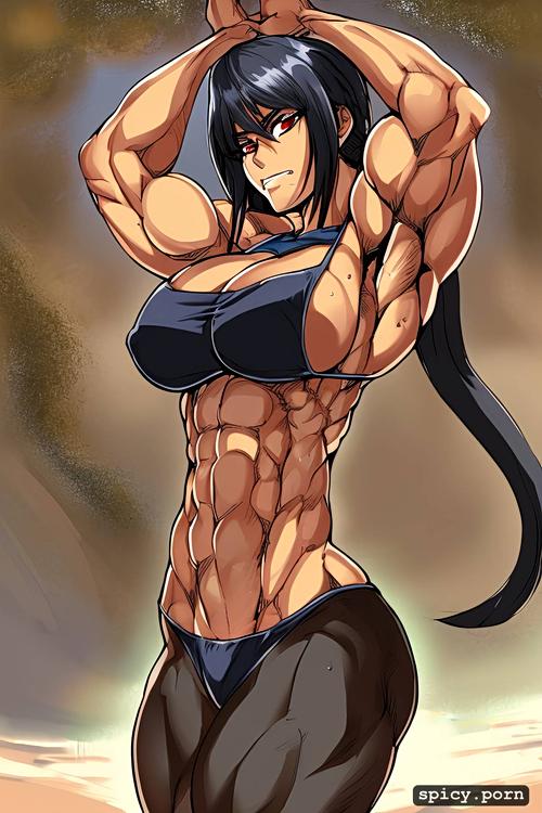 large breasts, flex, thicc legs, beach, 1girl, big arms, red eyes