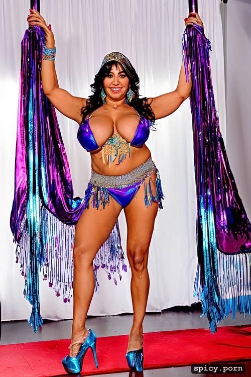 color photo, 38 yo beautiful thick american bellydancer, huge hanging boobs