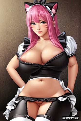 pink hair, no panties, extremely detailed, pink cat ears, slightly erect clitoris