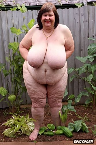 pale, color photo, proudly showing her long cucumber plants she grows in her garden