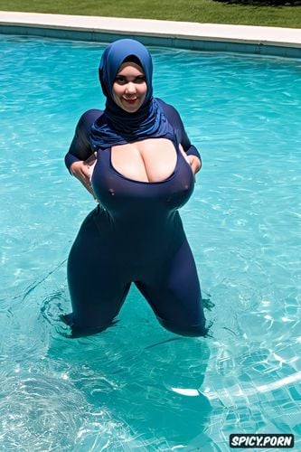 nipple elongation, busty under wet hijab, bbw with huge tits