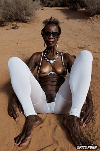 granny, squatting in a desert, wearing a small see through white bra1 2