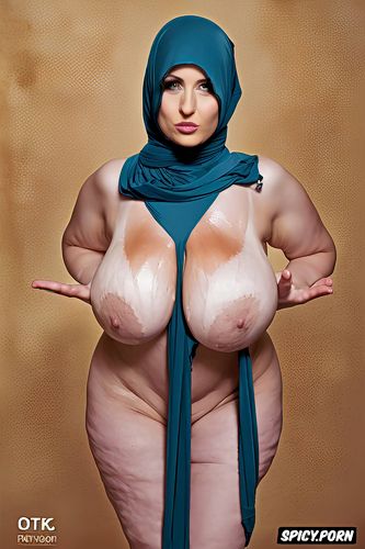 totally naked in only hold ups and hijab, half body shot, milf