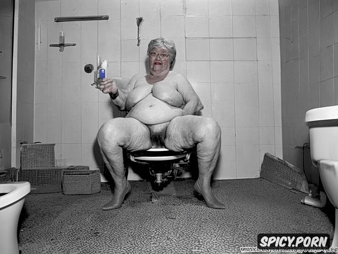 pissing, indoors, very old granny, ugly, sitting on toilet, large saggy breast