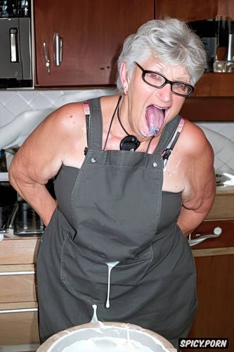 pale wrinkled skin, apron, pov, old senior grandmothers, tremendous cum on tongue