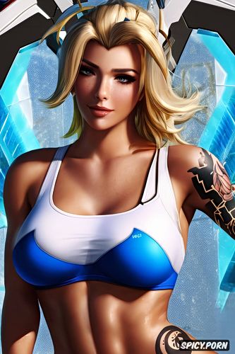 k shot on canon dslr, ultra detailed, abs, masterpiece, mercy overwatch tight yoga outfit tattoos beautiful face portrait muscles