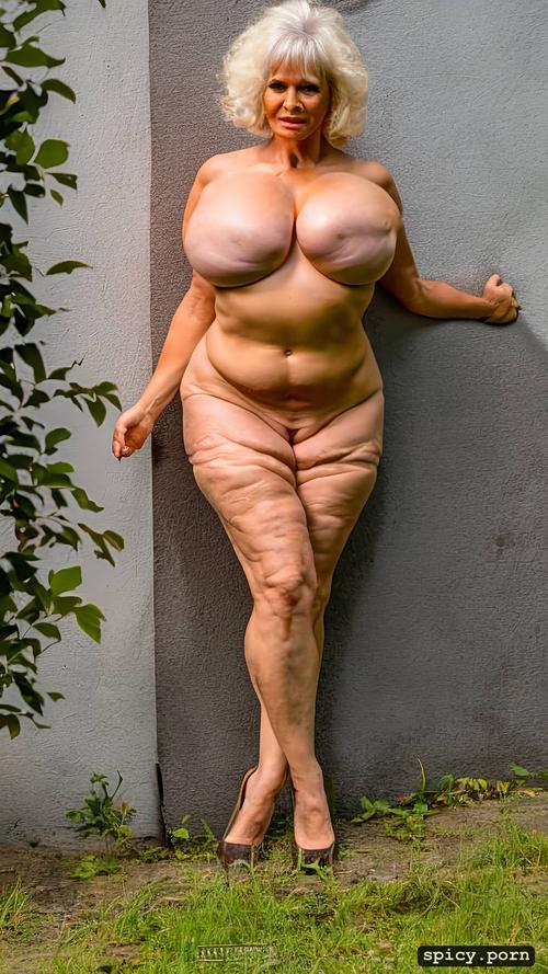 wrinkled body, long flat boobs, nude, 70 year old, big legs