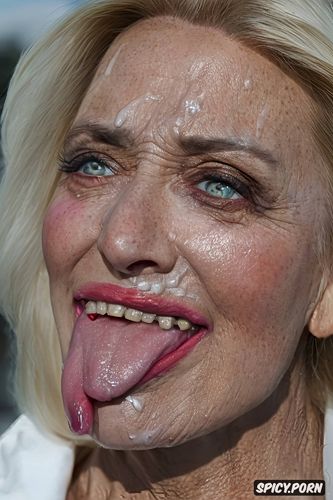 in a high resolution 4k image many colors an 50 year old ukranian woman staring straight into camera in a face portrait with wrinkled skin sticking her long tongue out in the camera tongue ring long tongue pink tongue tongue out cum on tongue cum all over face pov slut makeup