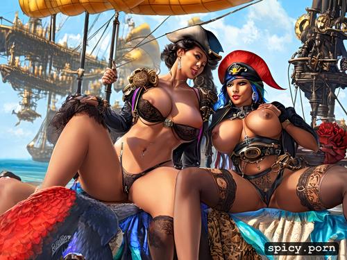 pirate outfit, rubbing their vaginas together, intricate, large breasts