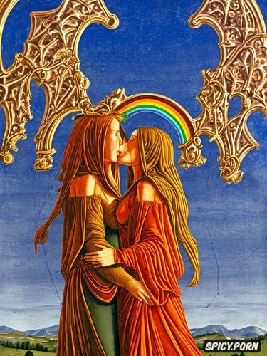 virgin mary lesbian couple kissing, rainbow sky, sidele