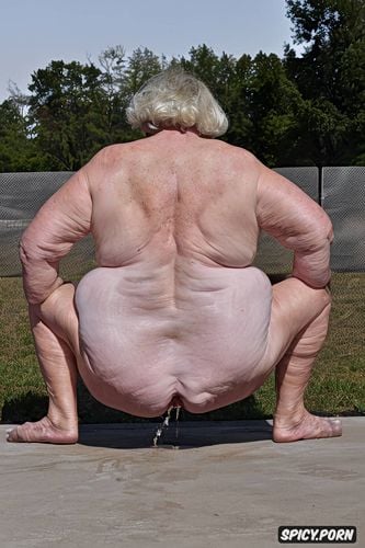 white granny, squatting, rear view, hyperrealistic pregnant pissing muscular thighs red bobcut haircut tanned