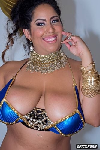 in an oriental bazaar, massive saggy breasts, color photo, beautiful bellydance costume with matching bikini top
