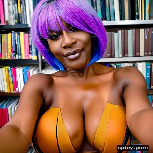 cosplay, cute face, 60 yo, yellow hair, selfie, library, ebony milf