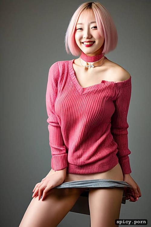 short hair, 18 years old, teen female japanese, smiling, lifting jumper to flash tits