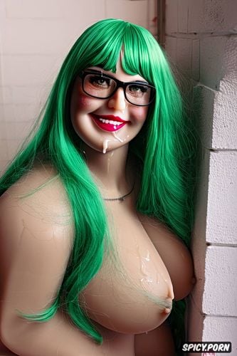 double chin, grinning at viewer, green hair, fat arms, sex doll