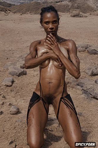 homeless granny, squatting in a desert with legs apart, dark brown areolas