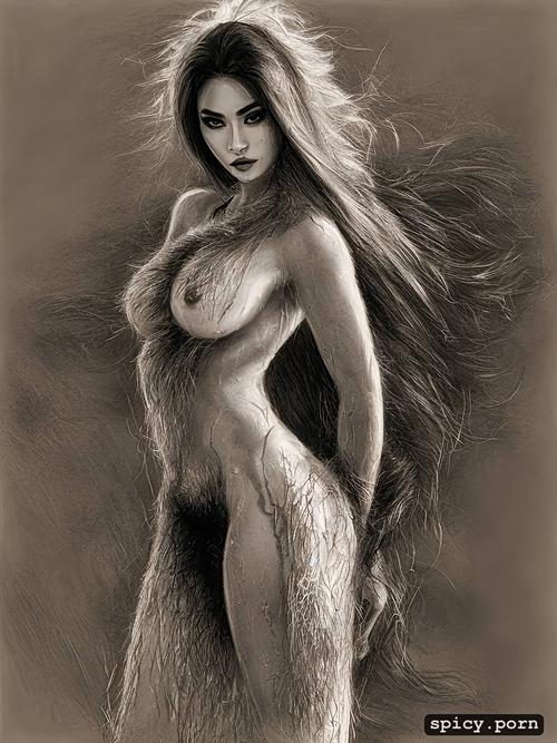 thai teen, charcoal, very slim, standing, pencil drawing, very hairy pussy