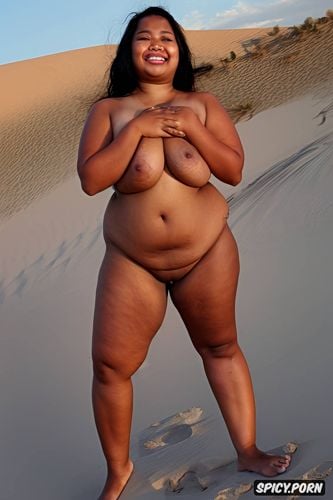 big areolas, extremely thick legs, naked body, standing in a desert