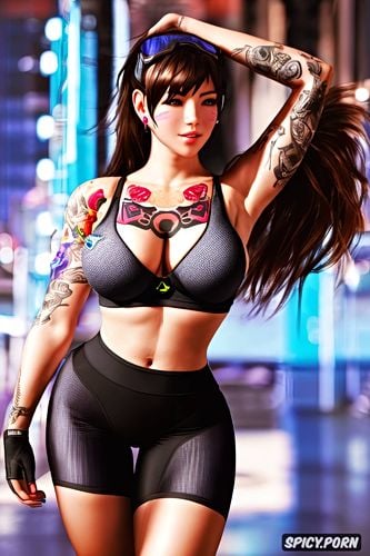 d va overwatch beautiful face young full body shot, tattoos small perky tits tight black sports bra and yoga pants masterpiece