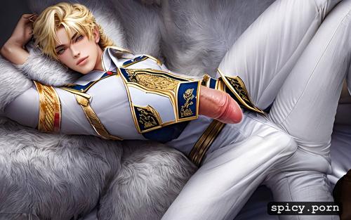 one charismatic and cute white caucasien blond hair, 18yo prince in white uniform and pant off dick out and showing proudly his very big dick big penis