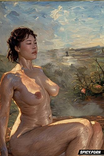 asian iranian woman, realism painting, sunlight reflected on skin