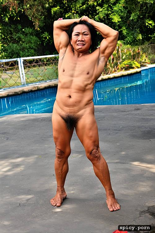 thai granny, muscular arms, nude, outdoor, unmatched strength