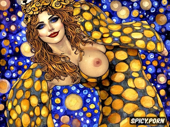 in the style of gustav klimt portrait, fine brushstroke, big tits