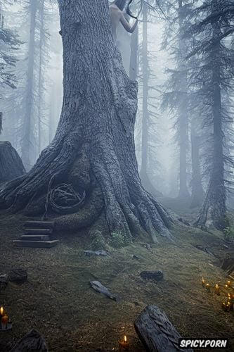 mist, fantasy, naked, braided hair, dancing around a fireplace