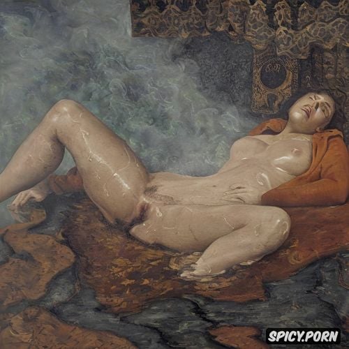 low resolution, chubby belly, german, tiled bathing, textured impasto oil paint