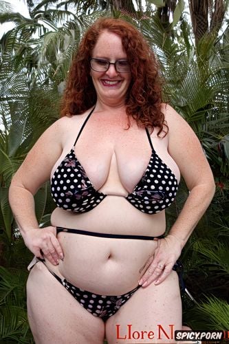 ginger hair, happy white woman, wide hips, pale skin, string bikini is much too small